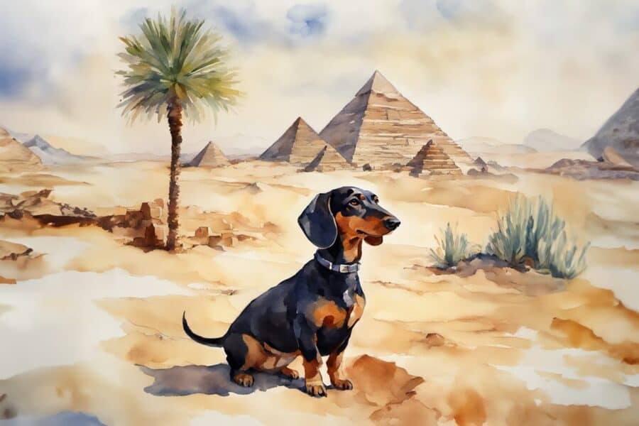 drawing of dachsund with pyramids in background