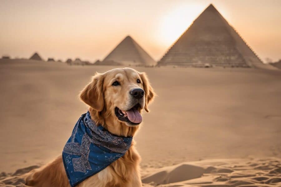 golden retriever in egypt with the pyramids