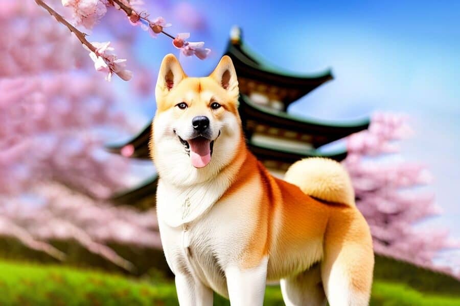 Akita with Japanese building and flowers