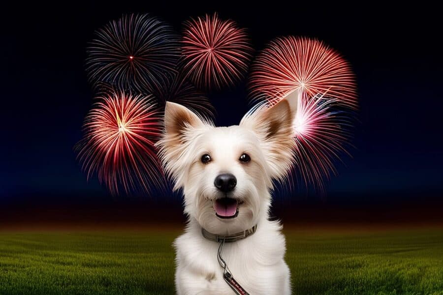 white dog with fireworks behind it