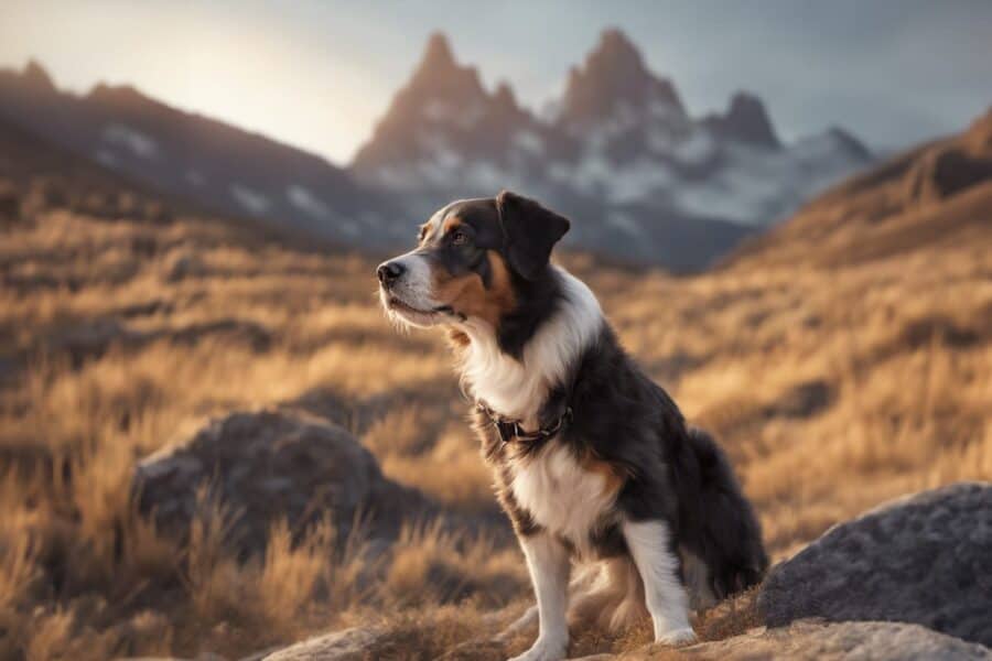 dog sitting by mountains