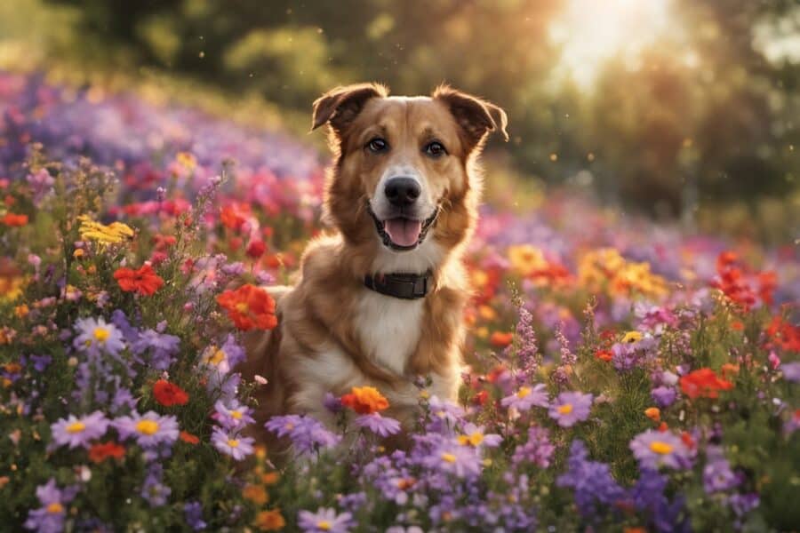 dog in a bed of flowers