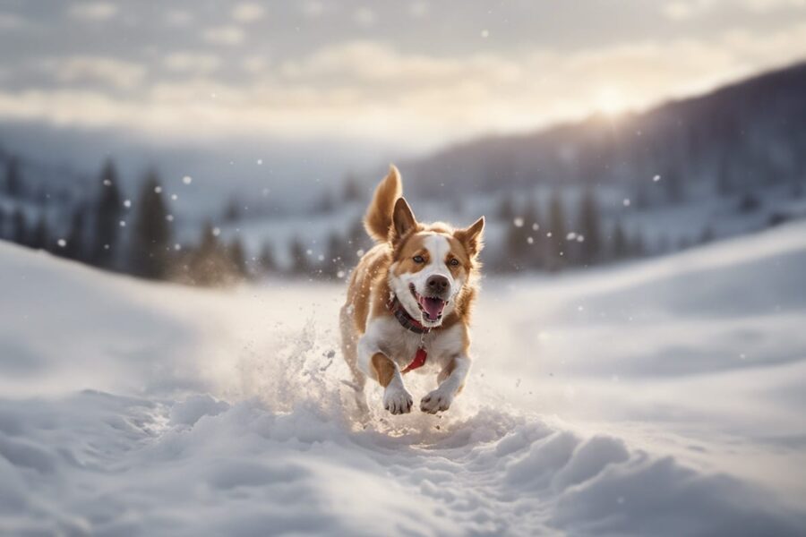 dog running in the snow