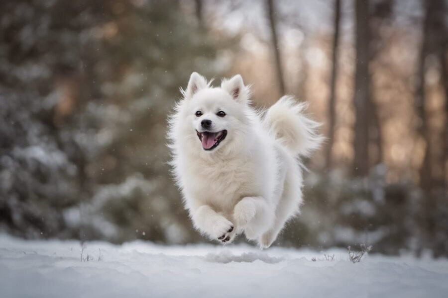 Eskimo dog running in the woods and snow