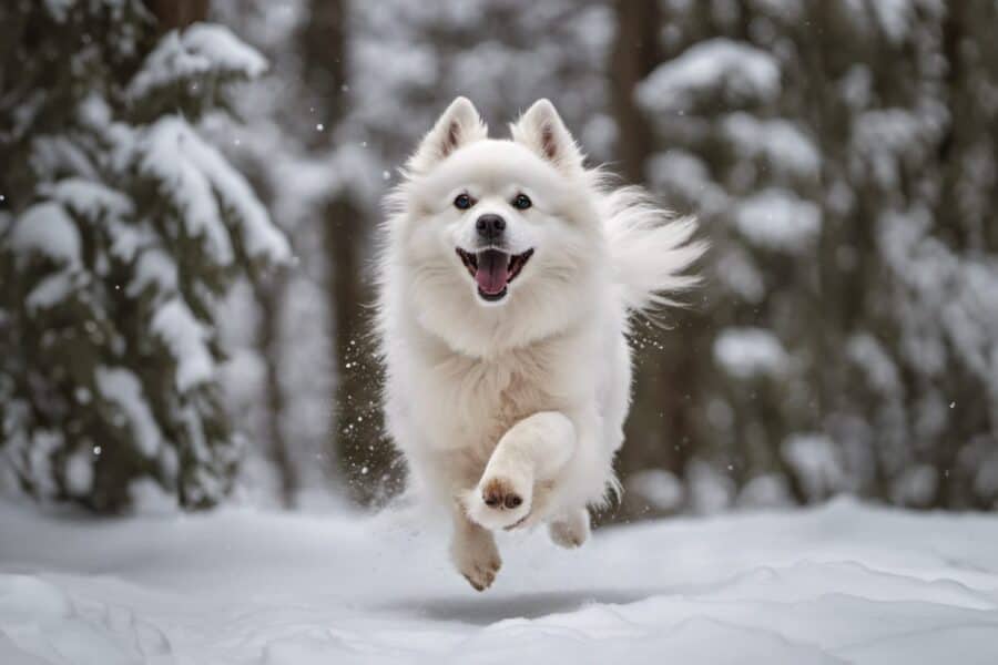 American Eskimo dog running in the snow