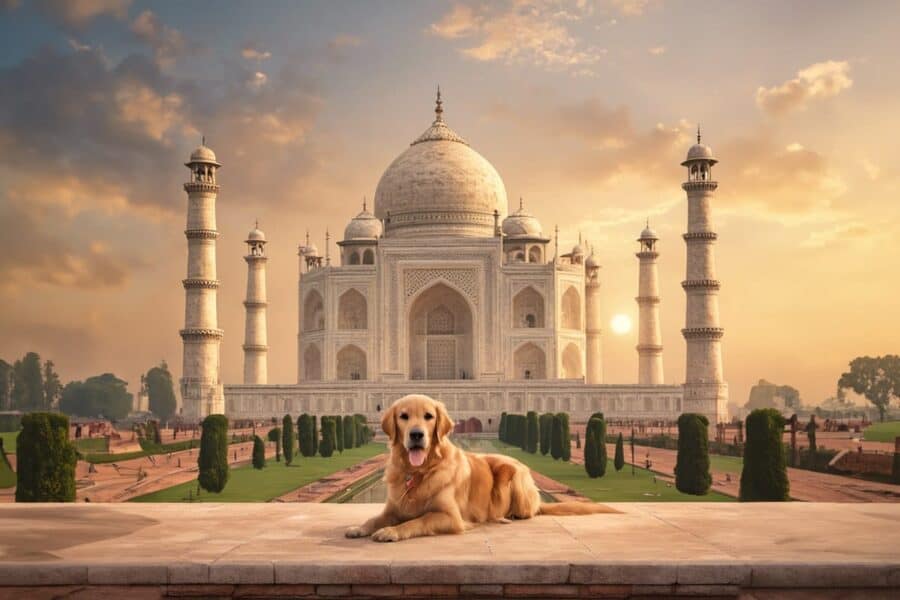 Golden Retriever laying in front of the Taj Mahal in India