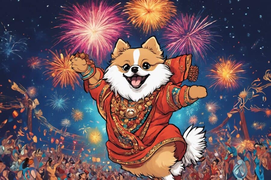 cartoon Indian dog with traditional outfit at festival