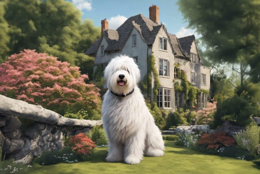 Old English Sheepdog in front of old English country home illustration