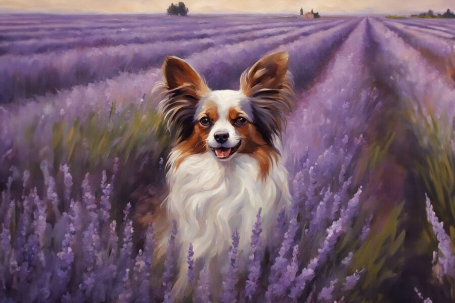 Papillon dog with purple flowers painting