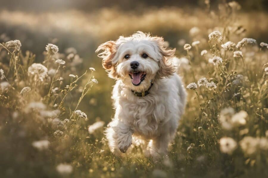 cavachon running in a field