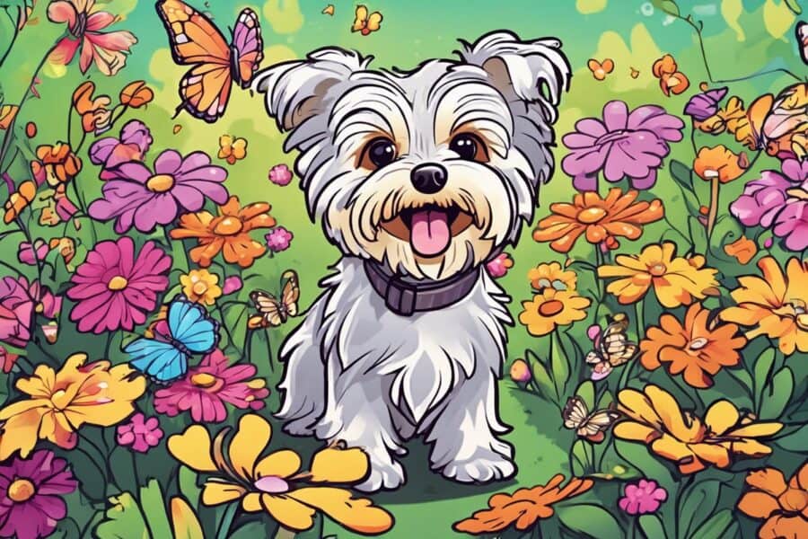 Morkie illustration in flowers and butterflies