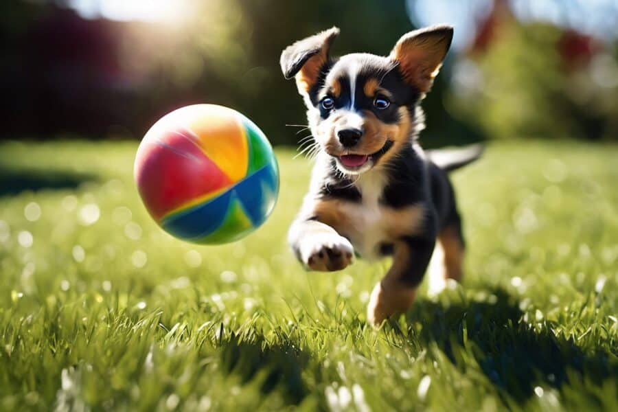 puppy chasing colorful ball