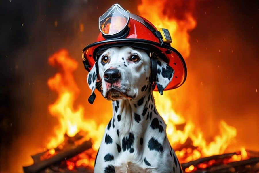 Dalmatian dog with a fire helmet