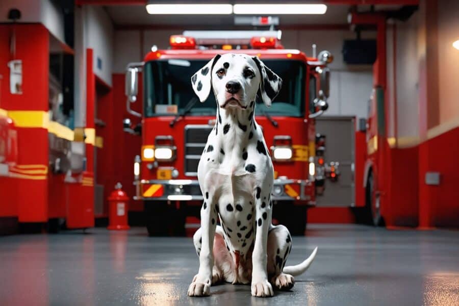 a Dalmatian dog sitting in a fire station with a truck behind it