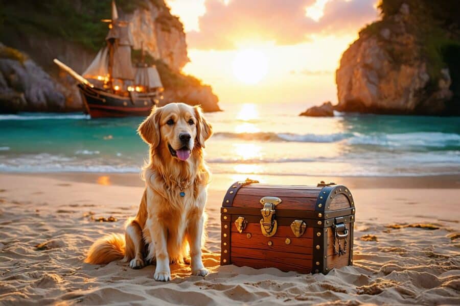 a dog sitting next to a treasure chest with a ship behind it
