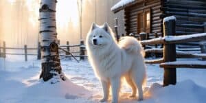 samoyed by cabin
