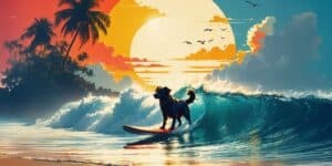 dog on surfboard