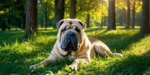 shar pei in the woods
