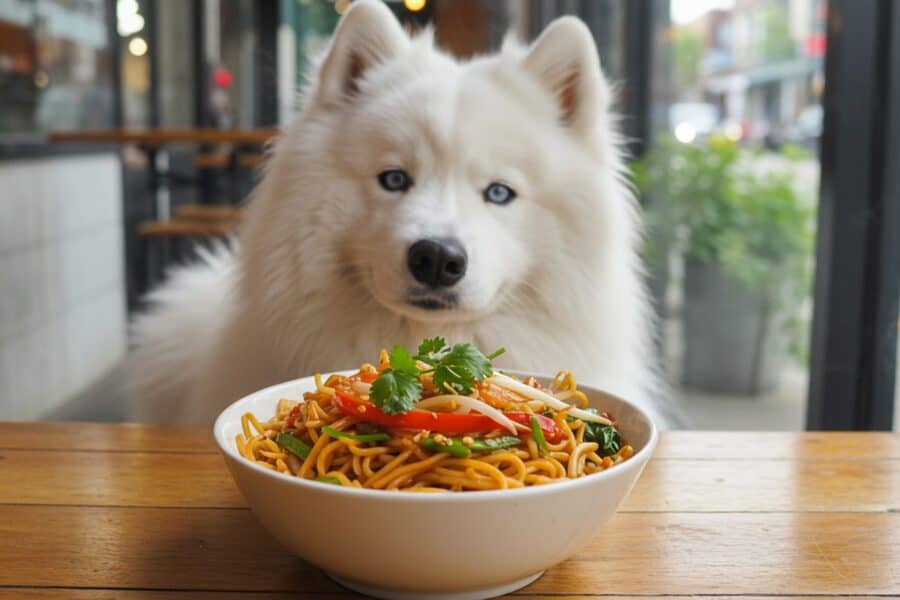 dog looking at asian noodle bowl