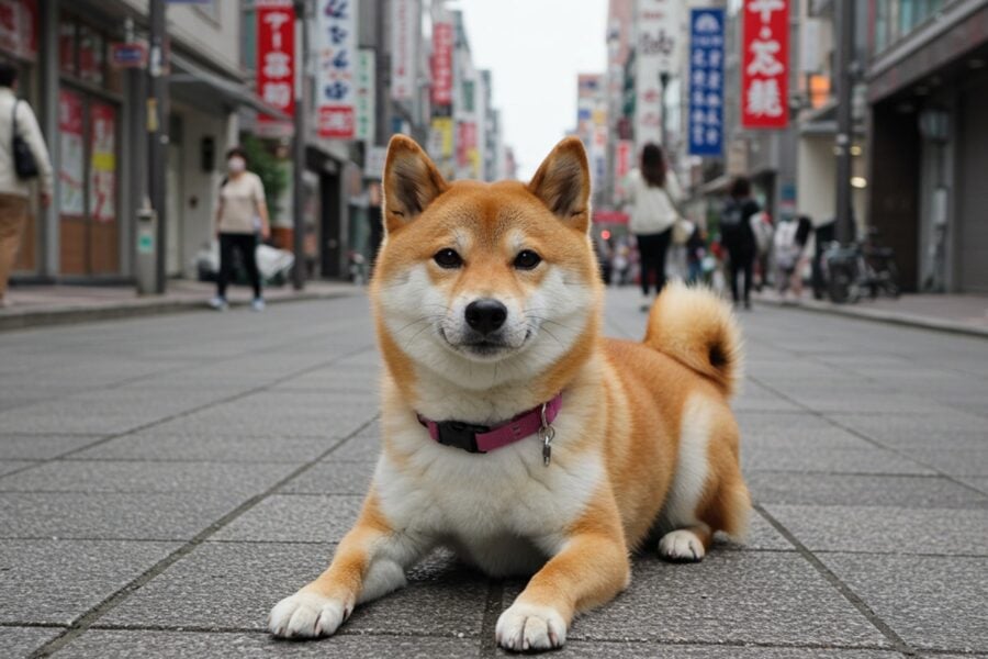 shiba inu in asian city